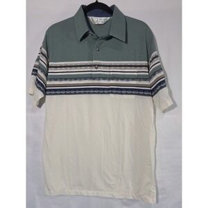 Palmland Club‎ Polo Shirt Men Medium Green Cream Geometric Stripe Grandpacore